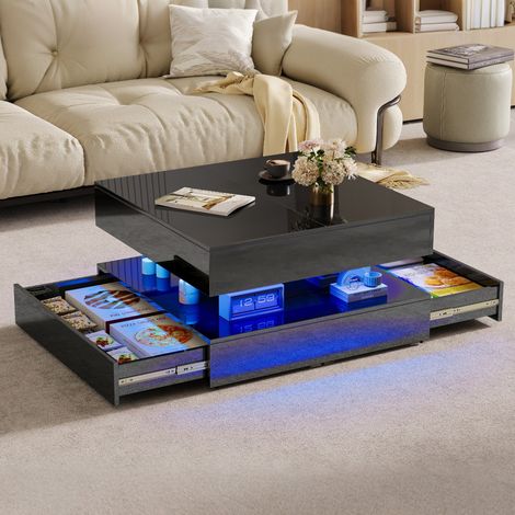 Table Basse coulissante,avec Lumières LED Réglables,2 Tiroirs et 2 Niveaux de Rangement,App Contrôle et Télécommande,Noir Brillant