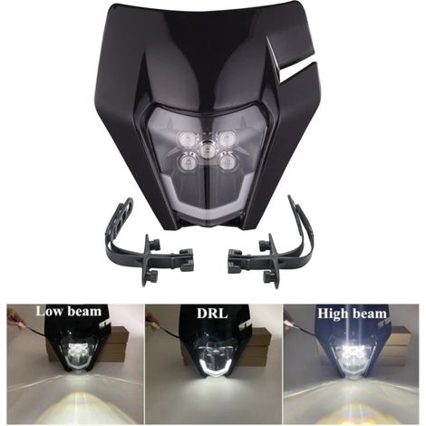 Schwarze Maske mit LED-Scheinwerfer für Motorrad, mit Abblend- und Fernlicht – Universelles Modell für ENDURO / Trail / Streetfi