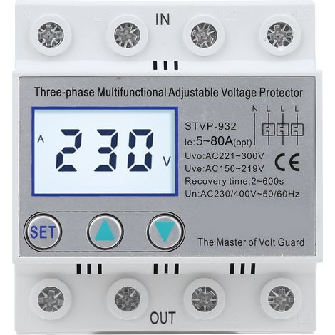 Einstellbarer Dreiphasen-Überspannungsschutz mit LCD-Multifunktionsanzeige und Selbstrückstellung STVP-932 230 V 400 V AC 50 A