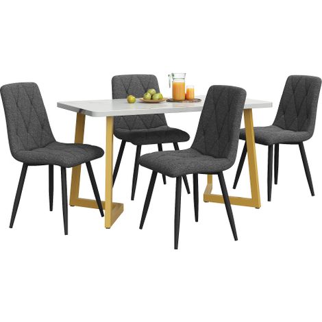 Ensemble repas 5p, table MDF blanc + chaises lin gris, pieds métalliques