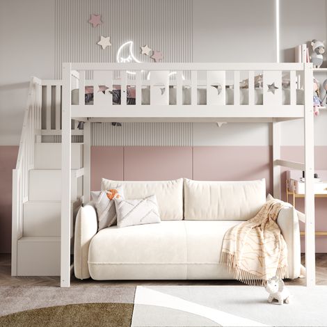 Lit superposé enfant 140x200 avec échelle, mezzanine en bois massif avec garde-corps de sécurité, déco étoiles et lune. Blanc. (1/5)