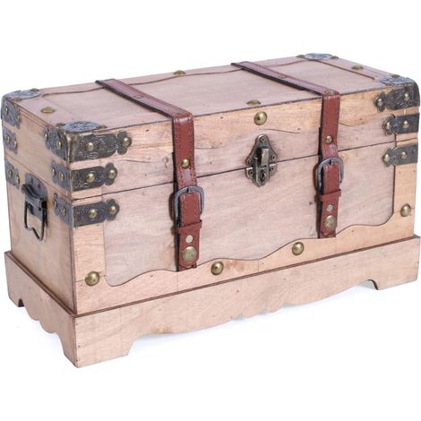Bauletto in legno marrone e pelle, 39x19x22 cm