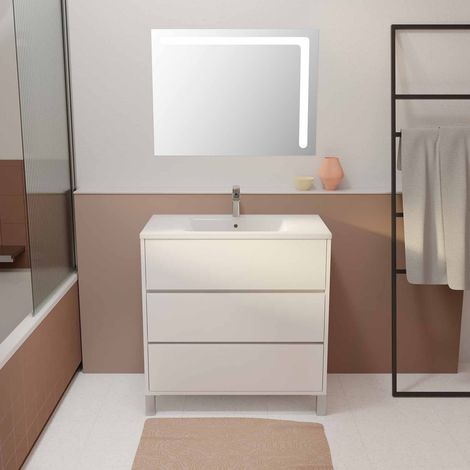 ensemble meuble de salle de bain blanc 80 cm sur pied 3 tiroirs + vasque ceramique blanche + miroir