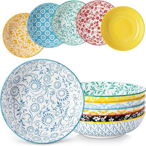 Assiettes Creuses Bols à Pâtes en Porcelaine Pastel Grands Salade Adapté au Lave-vaisselle et Micro-ondes Style Floral Coloré (1/5)