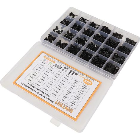 Coffret de 884 pièces en acier au carbone comprenant vis, écrous et rondelles à six pans creux (M2, M3, M4, M5), avec boîte de rangement, noir. (1/5)