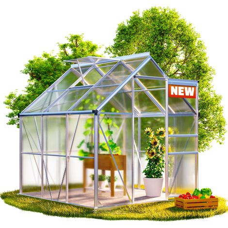 Gardebruk – Serre de jardin polycarbonate 3,6m² – Aluminium anodisé – 1 à 4 lucarnes – Gouttière avec évacuation d'eau – Dimensions 190x190x195cm
