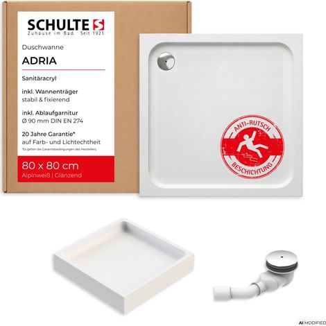 Schulte Duschwanne Adria mit Anti-Rutsch-Beschichtung 80 x 80 cm, Weiß & Komplett Set mit Wannenträger und Ablauf (1/5)