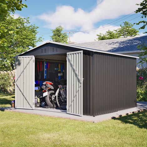Abri de Jardin Métallique XXXL - 300x252x191cm - Cabane à Outils avec Toit Double Pente et Portes Coulissantes - Gris (1/5)