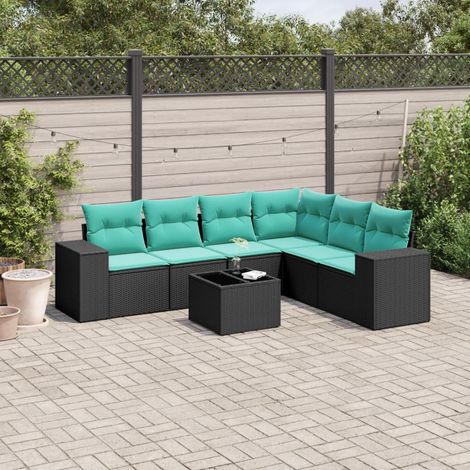 7-teiliges Gartensofa-Set mit Kissen, schwarzes Polyrattan (1/5)