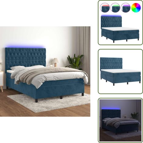 Letto con luci LED - vidaXL Letto a Molle con Materasso e LED Blu Scuro 140x190 cm - Letto con testiera regolabile