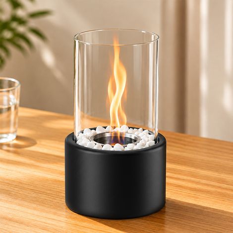 ZMH Cheminée de Table au Bioéthanol Cylindrique 12,3 x 21 cm avec Verre de Protection et Pierres Décoratives (1/5)