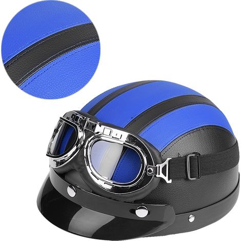 Casque demi-jet universel en cuir synthétique pour moto et scooter, avec visière et lunettes UV bleues. (1/5)