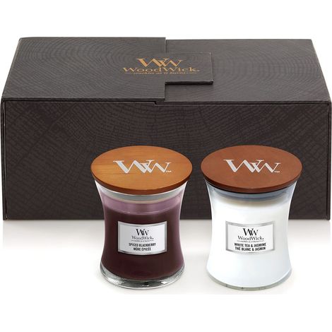 WoodWick candele profumate in confezione regalo White Tea & Jasmine e Spiced Blackberry a ellisse con stoppino scoppiettante Fino a 60 ore di durata ciascuna 2 pezzi (1/5)