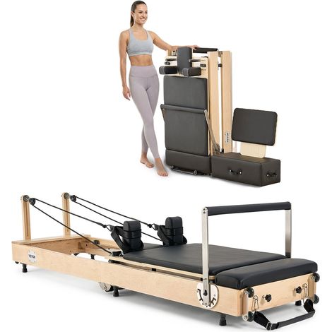 Réformateur Pilates Pliable en Bois, Machine de Pilates Capacité de Charge 181,44 kg, Ensemble Lit avec Double Résistance, Ressort, Cordon et Boîte d'Assise, Équipement d'Entraînement de Yoga (1/5)