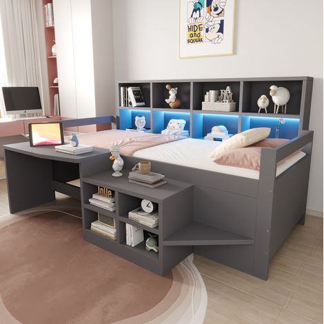 Letto multifunzione 90x200 cm in legno e MDF grigio con scrivania, vani portaoggetti, LED e prese USB (1/5)