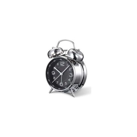Réveil analogique super silencieux avec rétroéclairage - 11,5 cm - Avec double clochette - Réveil rétro en météo pour les dormeurs lourds - Fonctionne à piles (noir)