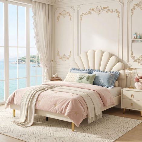Lit adulte double 140x190 cm - Lit Rembourré en Velours Beige - Tête de Lit en Forme de Pétale - Sommier à Lattes Inclus, Scandinave