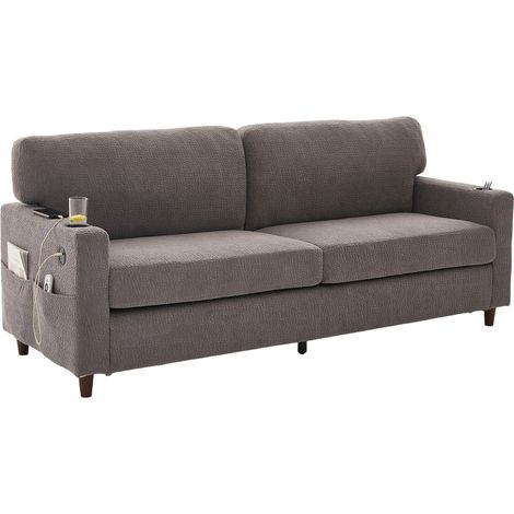 Canapé moderne 2 places en chenille avec USB-C, éclairage d’ambiance LED, porte-gobelets et poches latérales. Structure bois/métal avec mousse de confort. Idéal pour le salon, la chambre ou le bureau. (1/5)