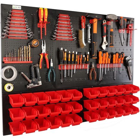 Panneau à Outils Mural perforé en métal, boîtes empilables + étagère Murale + Porte-Outils, Lot de 63 pièces, pour Petites pièces, Atelier Mural avec 36 récipients empilables Rouges (1/5)