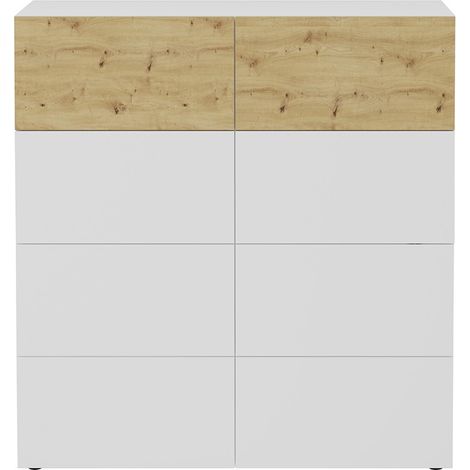 CALICOSY - Buffet 8 tiroirs blanc brillant et décor chêne Belm 5 - L109 x H115 cm (1/2)