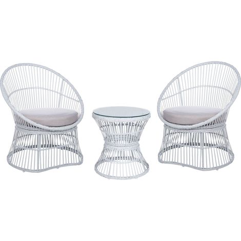 Ensemble de Bistrot en Rotin PE Blanc Cassé et Verre Trempé Table et 2 Chaises Mesyna (1/5)