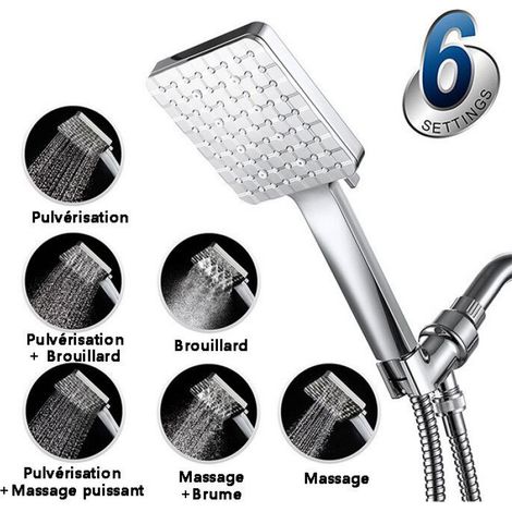 Pommeau de Douche avec 1.5M Tuyau, Pommeau de Douche Pression Carré de Remplacement Réglable Universelle, Douchette Douche 6 Modes (1/4)