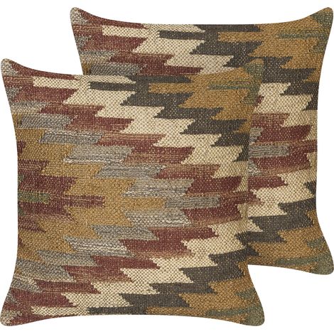 Conjunto de 2 cojines de yute algodón lana beige rojo verde 45 x 45 cm Deepor