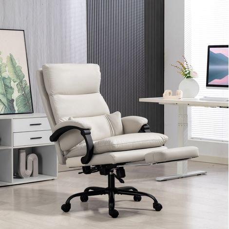 Sedia da ufficio in similpelle grigio chiaro con supporto lombare, braccioli imbottiti, poggiapiedi, 66x60x113-121 cm (1/5)