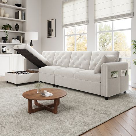 Sofá esquinero con almacenamiento y bolsillo lateral, sofá de 4 plazas, de terciopelo, beige (1/5)