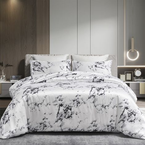 Parure de lit 3 pièces, aspect marbré - 220 x 240 cm - Satin noir blanc gris - Aspect marbre - Réversible - En soie brillante - Lisse - Housse de couette 220 x 240 cm + taie d'oreiller 80 x 80 cm (1/5)