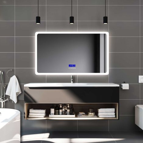 Biubiubath 120x70cm Miroir salle de bain anti-buée LED avec Bluetooth, Horloge, Date, Température avec 3 Couleurs (1/5)