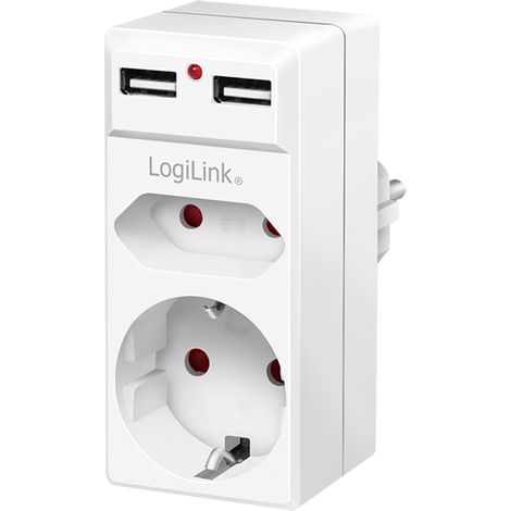 Répartiteur électrique LogiLink, 2 prises, 2 chargeurs USB-A, 3680 W, blanc (1/5)