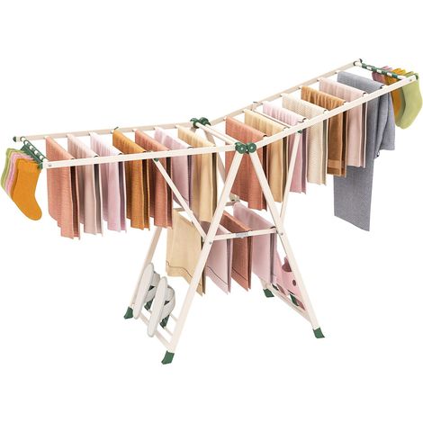 COSTWAY Stendibiancheria con 20 Barre, Stendino Pieghevole in Metallo Regolabili in Altezza, Clips per Calzini, Supporto per Abbigliamento Autoposante a Ali per Interno Esterno (Beige) (1/5)