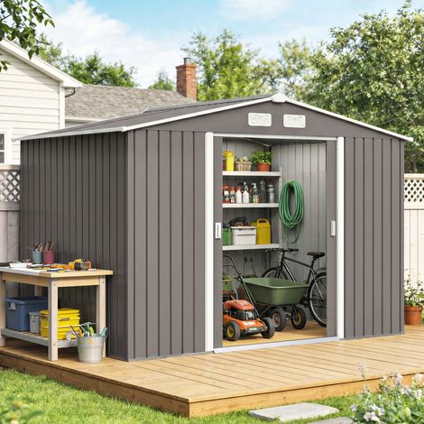 Outsunny Abri de Jardin 5,4m² - Acier Galvanisé, Kit de Fondation Inclus, Porte Coulissante & Ventilations, 277x195x192cm, Gris (1/5)