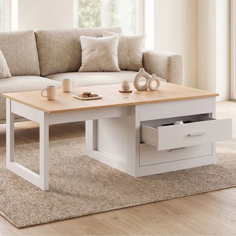 Mesa de centro extensible y convertible en mesa de comedor AMAYA de 120 cm, 2 módulos, con 2 cajones, en blanco y madera (1/5)