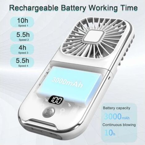 Ventilateur portable blanc 4 vitesses, silencieux, 180° réglable, idéal pour voyage et extérieur, avec USB rechargeable (1/5)