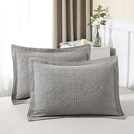 Funda de almohada acolchada 100% algodón, estampado floral, tamaño extragrande, juego de 2 piezas, color gris.