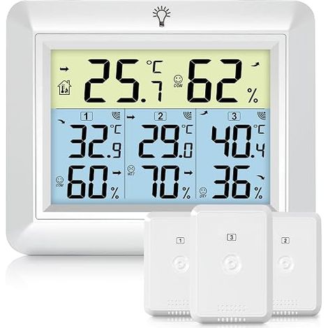 Wireless Indoor Outdoor Thermometer with 3 Sensors, Thermometer and Hygrometer with Backlight, 100M Range, MIN/MAX Recording, High Accuracy for Home, Garden, White (1/5)