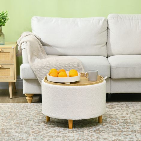 Pouf coffre rond 56 cm blanc – avec couvercle relevable et rangement intégré (1/5)