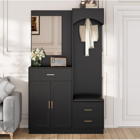 Armario recibidor (110x33x185.5 cm), con espejo, banco zapatero y estantes ajustables, MDF negro (1/5)