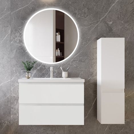 Ocean Ensemble de meubles de salle de bain, 794652cm, meuble avec vasque + miroir LED rond + meuble colonne 110cm, blanc (1/5)