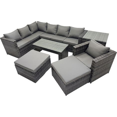 Fimous 7 Pieces Outdoor PE Rattan Garden Furniture Corner Sofa Oblong Coffee Table Set with Cushions 2 Big Footstools Side Table Dark Grey Mixed (1/5)