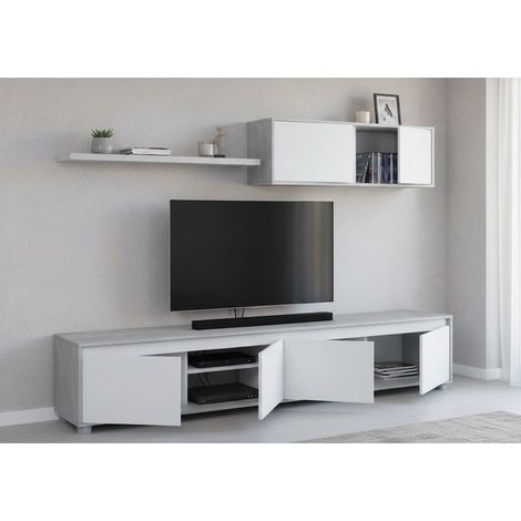 Dmora - Pared equipada Dmatej, Mueble de tv para salón, Composición del juego de sala, Juego de salón con mueble alto, 200x41h43 cm, Blanco y Cemento (1/5)