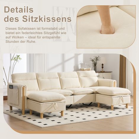 Canapé d'angle en U modulable 4 places avec 2 poufs de rangement, pieds en bois, tissu confortable en laine tissée beige, parfait pour séjour et salle familiale. (1/5)