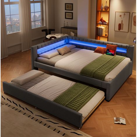 Cadre de lit 140x200 cm gris – lit escamotable LED et USB, sans matelas (1/5)