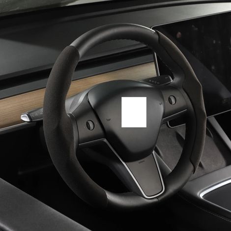 Housse de volant en daim noir, sur mesure, compatible avec Tesla Model 3 Y (2017-2022-2023). Antidérapante et respirante. Accessoire auto. (1/5)