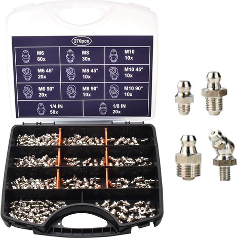 Embout de Graissage, Kit De Raccords De Graissage 270 Pièces Assortiment, Robuste Accessoires de Lubrification Mécanique Outil de Maintenance destiné aux Machines Agricoles, Camions, Voitures et Vélos (1/5)