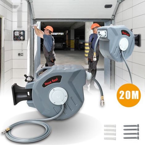 Randaco Schlauchtrommel 20 m, Druckluftschlauch Aufroller, Schlauch Aufroller, Kompressor-Zubehör, Wandhalterung, 1/4 Zoll Schnellkupplung, 180° Schwenkbar