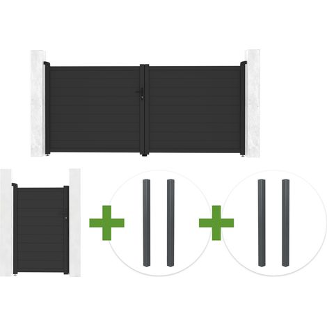 Portail battant 3,5m EIGER H.160cm gris + portillon 1m EIGER H.160cm + 4 poteaux ELDA
