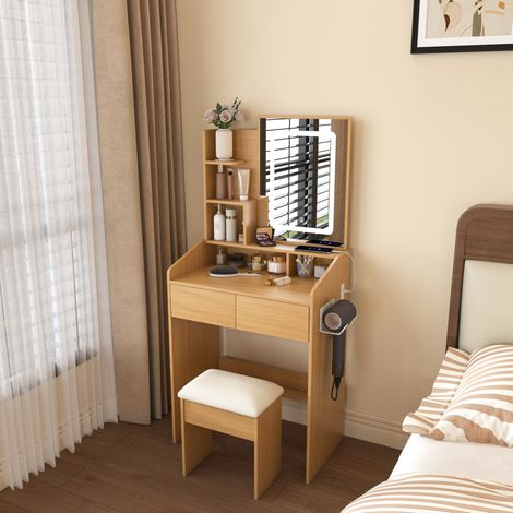 Mueble tocador con espejo LED, cajones y taburete OKMYHOME (1/5)